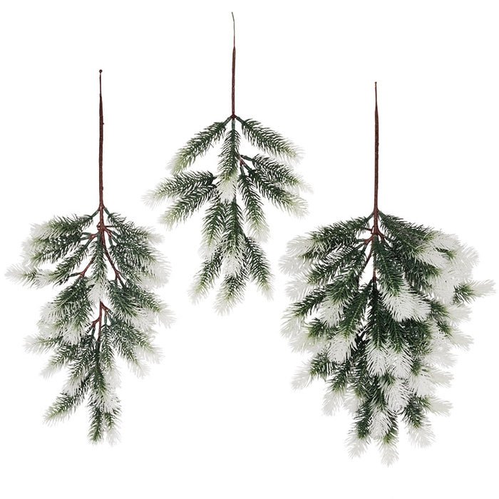 Agujas de pino artificial nevadas a granel, tallos de ramas verdes navideñas al por mayor