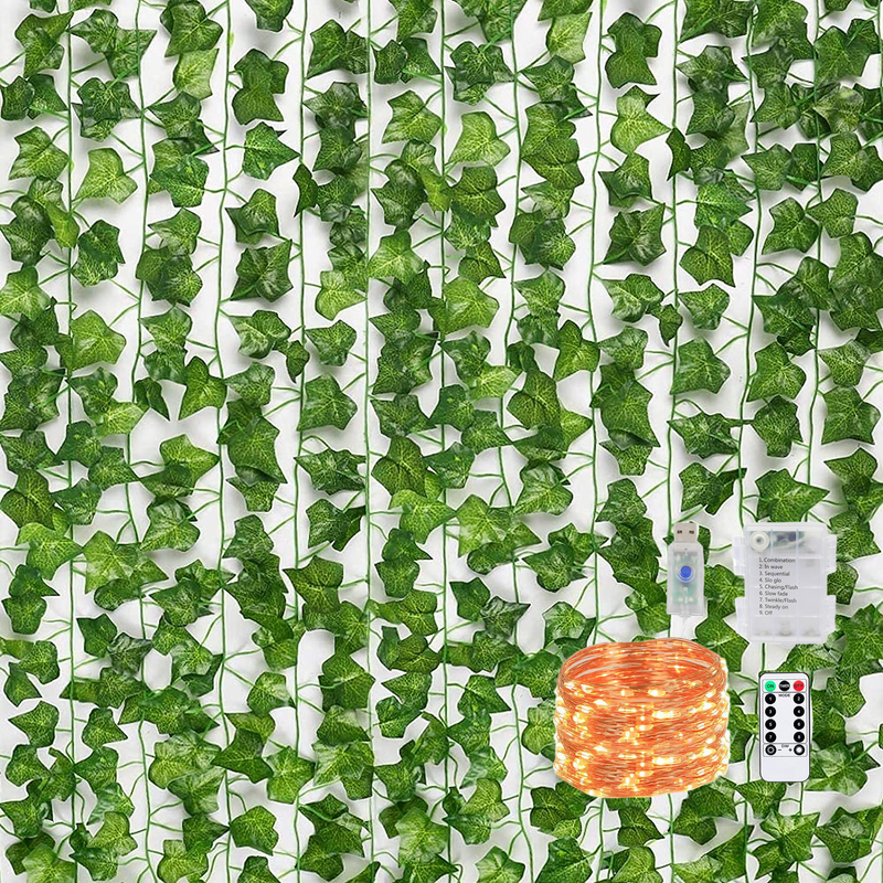 Bulk 24 Pack Artificial Ivy with LED String Light Leaves Wall Decor Leaf Plants Vines Greenery Garland Hanging Plant Vine for Room Garden Office Wedding Wall Decor Wholesale