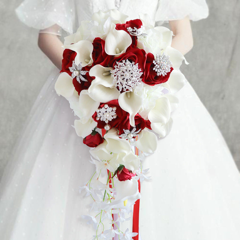 red and white calla lily wedding bouquet Bulk 9" Calla Lily Rose Cascading Wedding Bouquet with Crystals Wholes — Artificialmerch