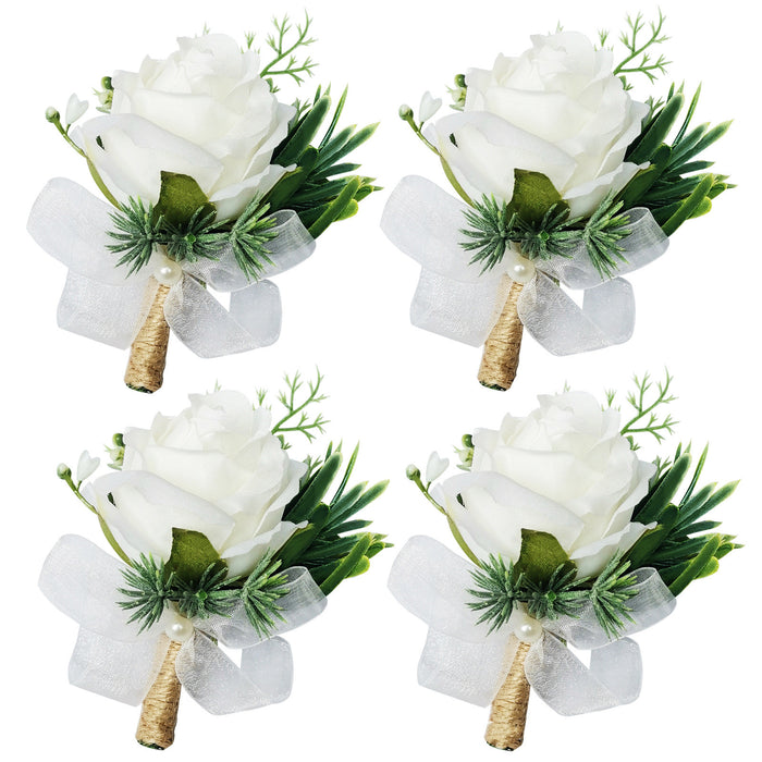 White Rose Boutonniere with White Beads Handmade
