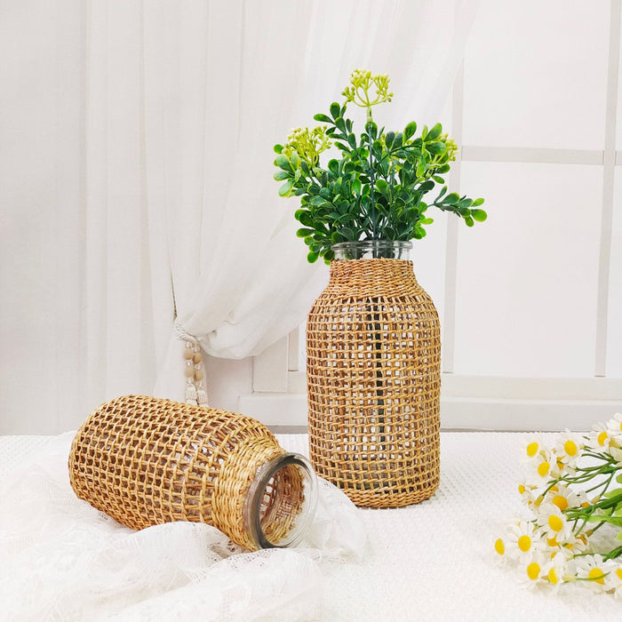Bulk Glass Flower Vase with Rattan Cover Woven Seagrass Vase for Decor Wholesale