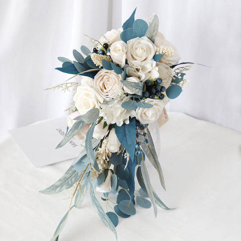 Bulk 11" Cascading Noble Navy Blue And Champagne Rose Wedding Bouquets Wholesale