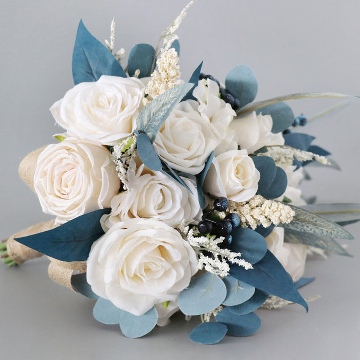 Bulk Standard Cascading Noble Navy Blue And Champagne Wedding Bouquets Wholesale