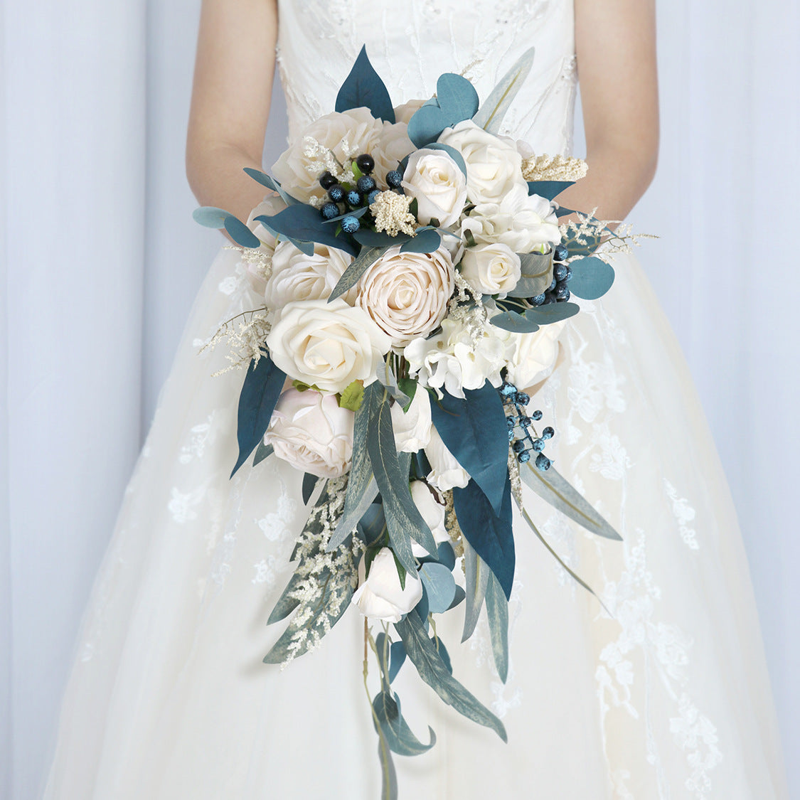 Bulk 11" Cascading Noble Navy Blue And Champagne Rose Wedding Bouquets   Artificialmerch